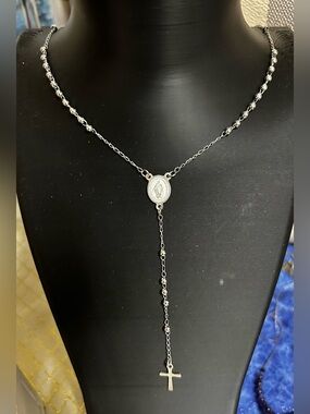 Silver tone dainty Rosary Necklace